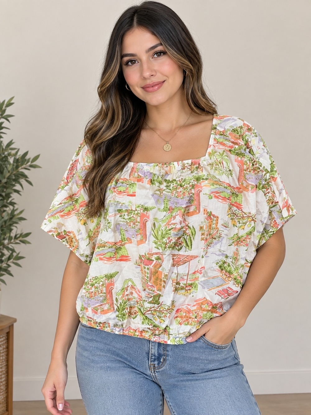 100%Linen Cynthia Rowley White Scenic Floral Square-Neck Top